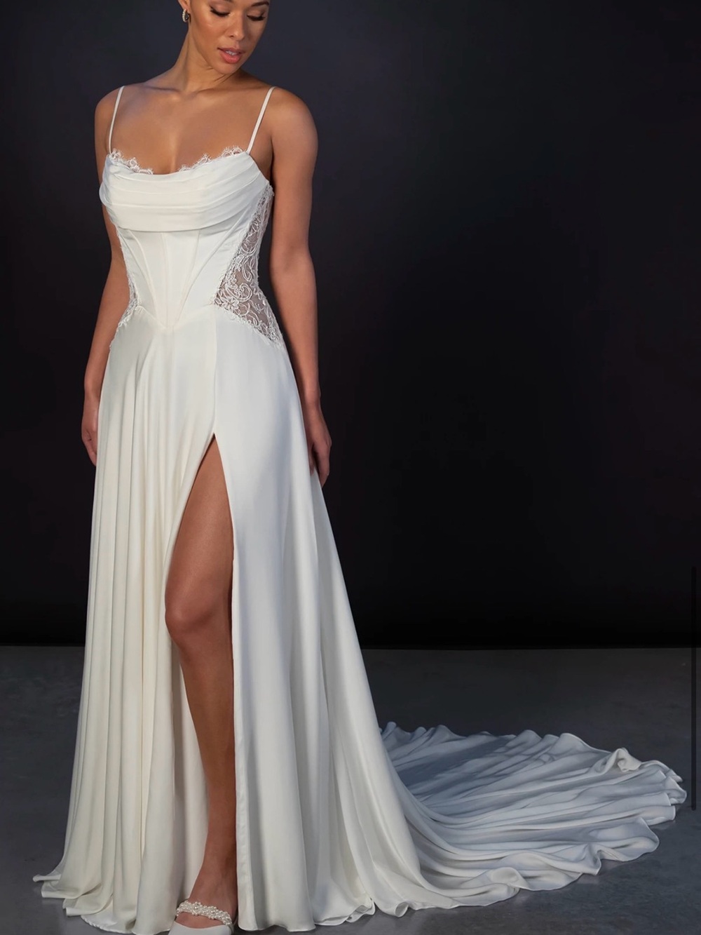 Martina Liana Ivory Lace-Insert - MODERN LACE AND SILK A-LINE WEDDING DRESS